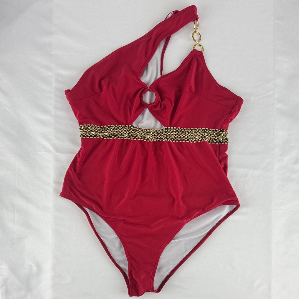 Plus Size Red One-Shoulder Swimsuit with Gold Accents